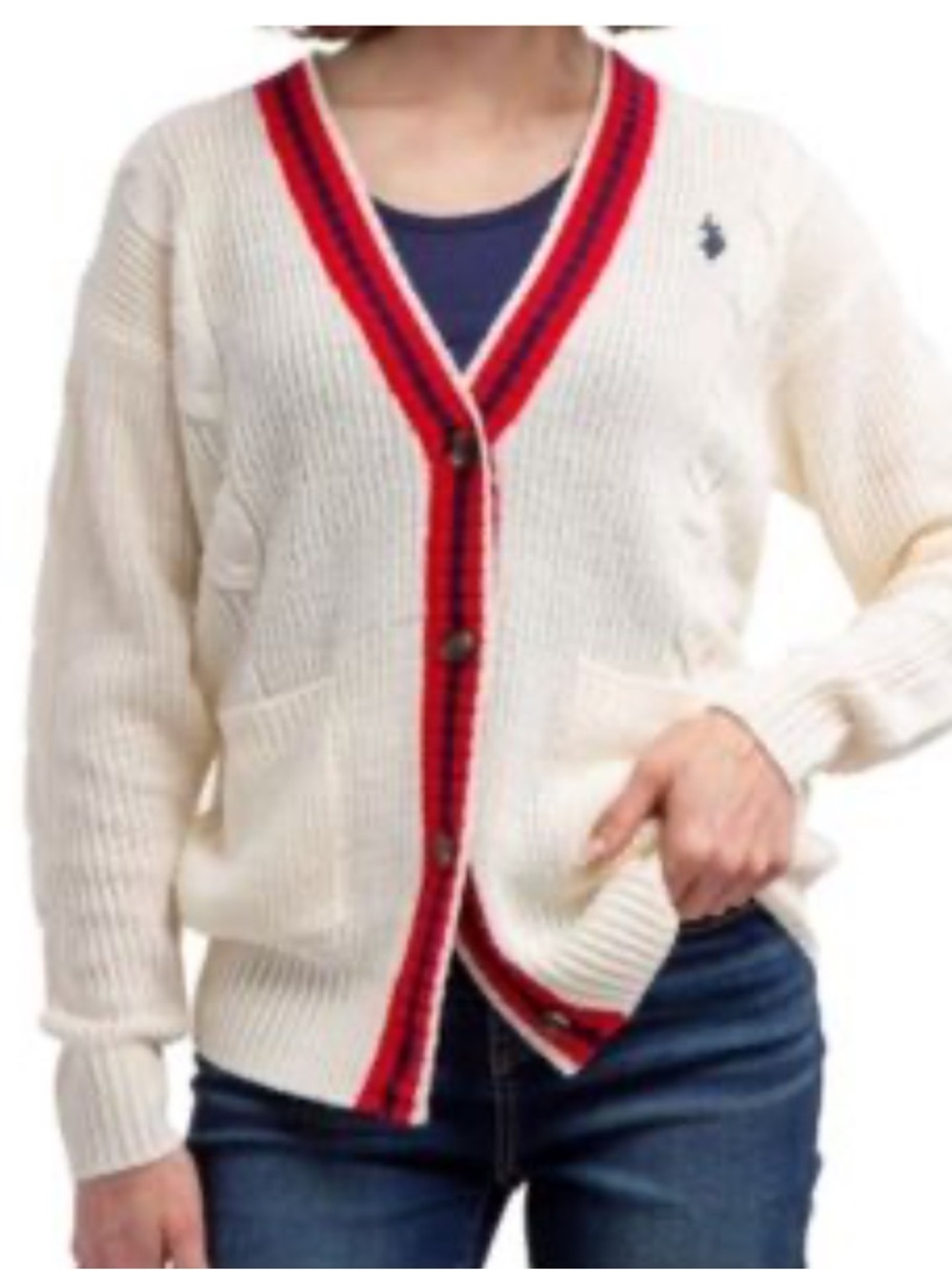 U.S. Polo Assn. Cream Cardigan with Red Trim and Navy Accents